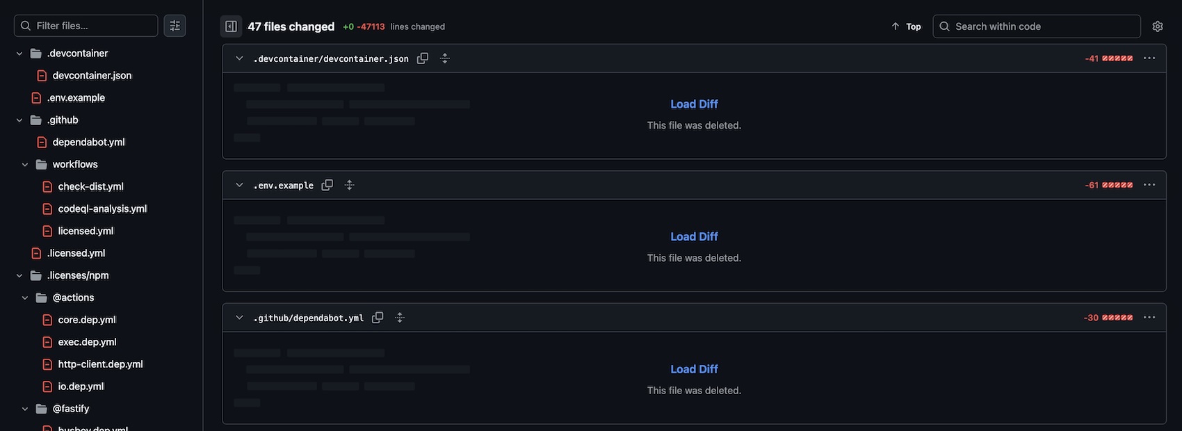 GitHub commit with 47000 lines removed